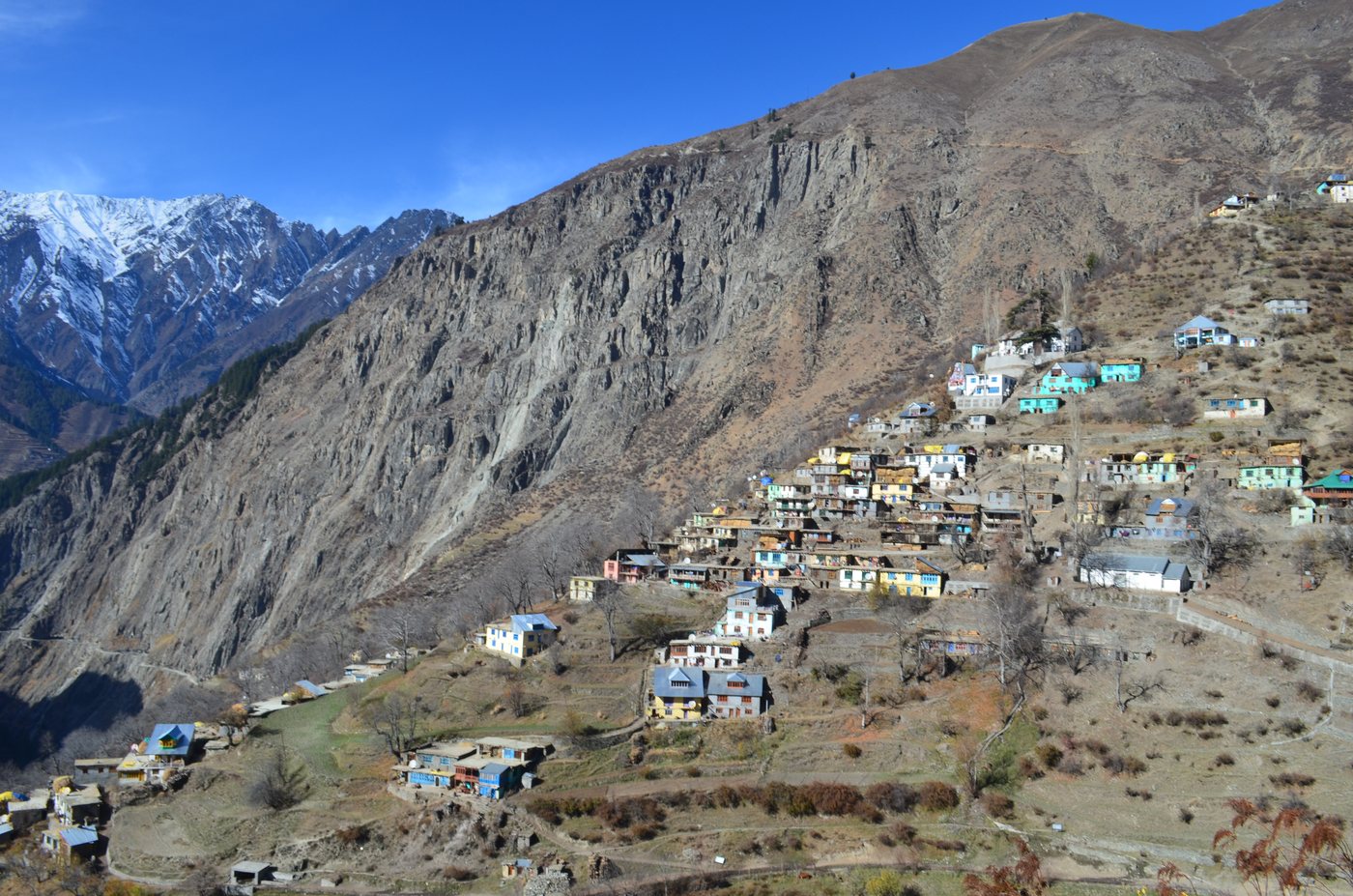 Village built into the mountainside in Pangi Valley